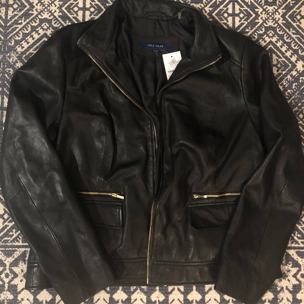 Cole Haan Black Leather Zip-Front Jacket